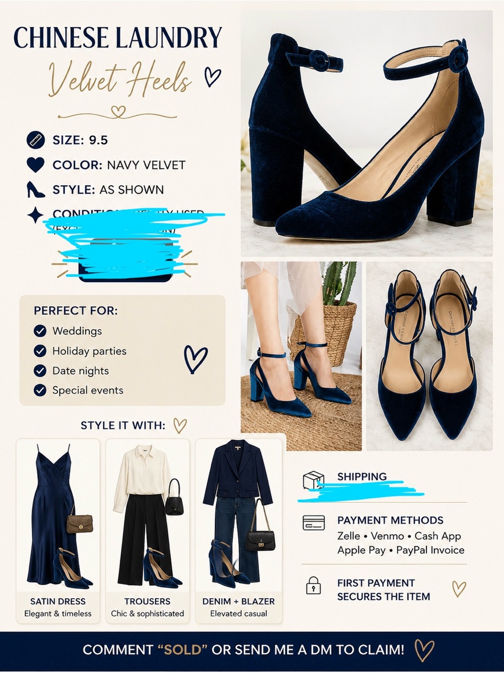 Chinese Laundry Navy Velvet Ankle-Strap Block Heels